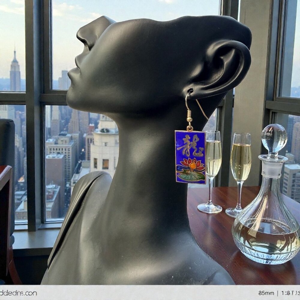 Vintage Cloisonné Dragon & Lotus Flower Dangle Earrings Chinese Design Blue Gold - Picture 5 of 7